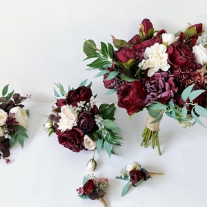 Pacote de flores de casamento Borgonha e branco, pacote de flores de casamento de outono/inverno, pacote de flores de seda para casamento, flores de casamento Boho,