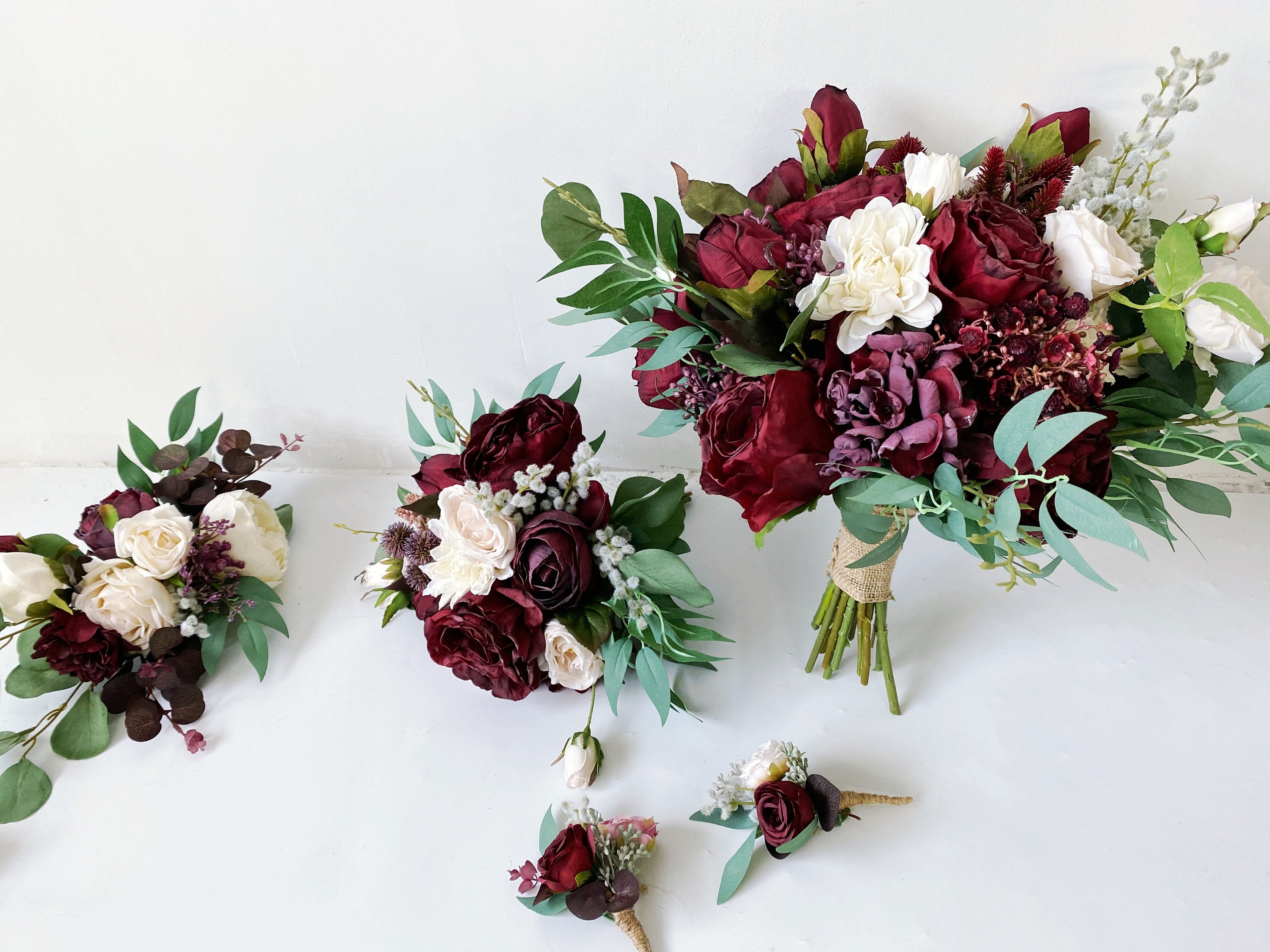 Burgundy & White Wedding Flower Package, Fall Wedding/Winter Wedding Flower Package, Silk Flower Wedding Pakcage, Boho Wedding Flowers,