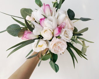 White Rose & Pink Tulip Eucalyptus Wedding Bouquet, Spring and Summer Wedding Bouquet, Elegand Bridal Bouquet, Tulip Bridesmaid Bouquets