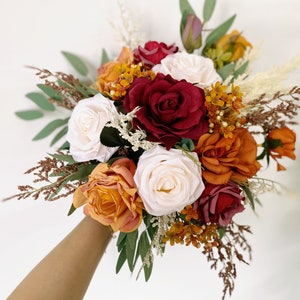 Burgundy and Rust Wedding Flower Bouquet, Burnt Orange Sage Green Wedding Bridal Bouquet Bridesmaid Bouquet, Rustic Pampas Wedding Flowers