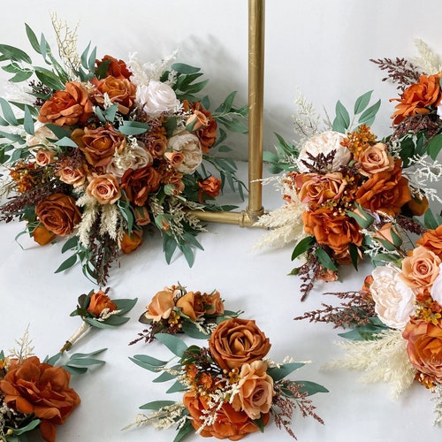 Rust and Sage Green Wedding Bridal n Bridesmaid Bouquet, Burnt Orange & Ivory White Pampas Bouquet, Fall Rustic Silk Flower Wedding Bouquet