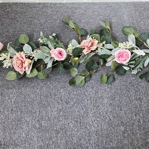 Guirnalda rosa empolvado, guirnalda de rosas y eucalipto, decoración de flores de seda rosa empolvado, flores de boda rosa empolvado, decoración del hogar con flores rosa empolvado