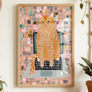 Quirky Orange Tabby Cat Laptop Art, Home Office Wall Decor, WFH Funny Gift, Programmer Cat Wall Art, Funny Cat Wall Art | Digital Download