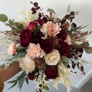 Burgundy & Ivory White Rose and Eucalyptus Wedding Bouquet, Burgundy Wedding Flower, Burgundy Silk Flower Wedding, Bridal Bridesmaid Bouquet 15" bridal bouquet