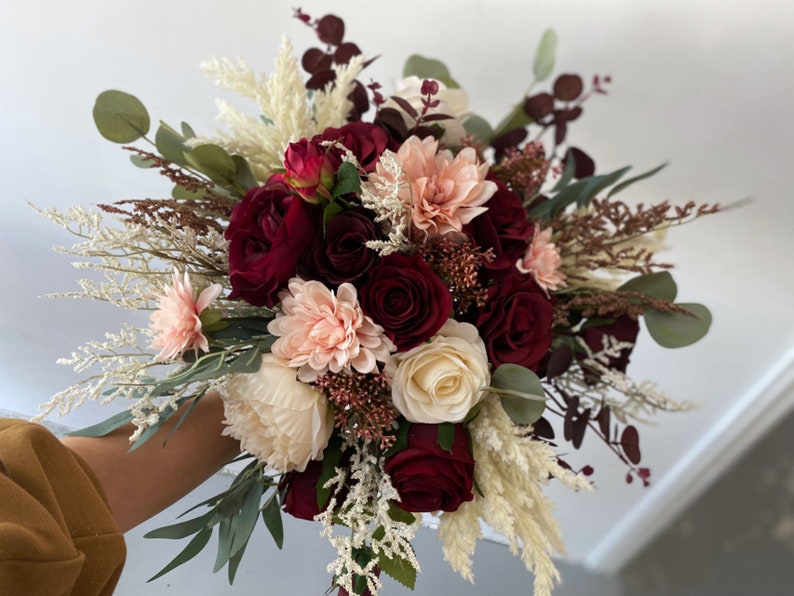 Burgundy & Ivory White Rose and Eucalyptus Wedding Bouquet, Burgundy Wedding Flower, Burgundy Silk Flower Wedding, Bridal Bridesmaid Bouquet 15" bridal bouquet