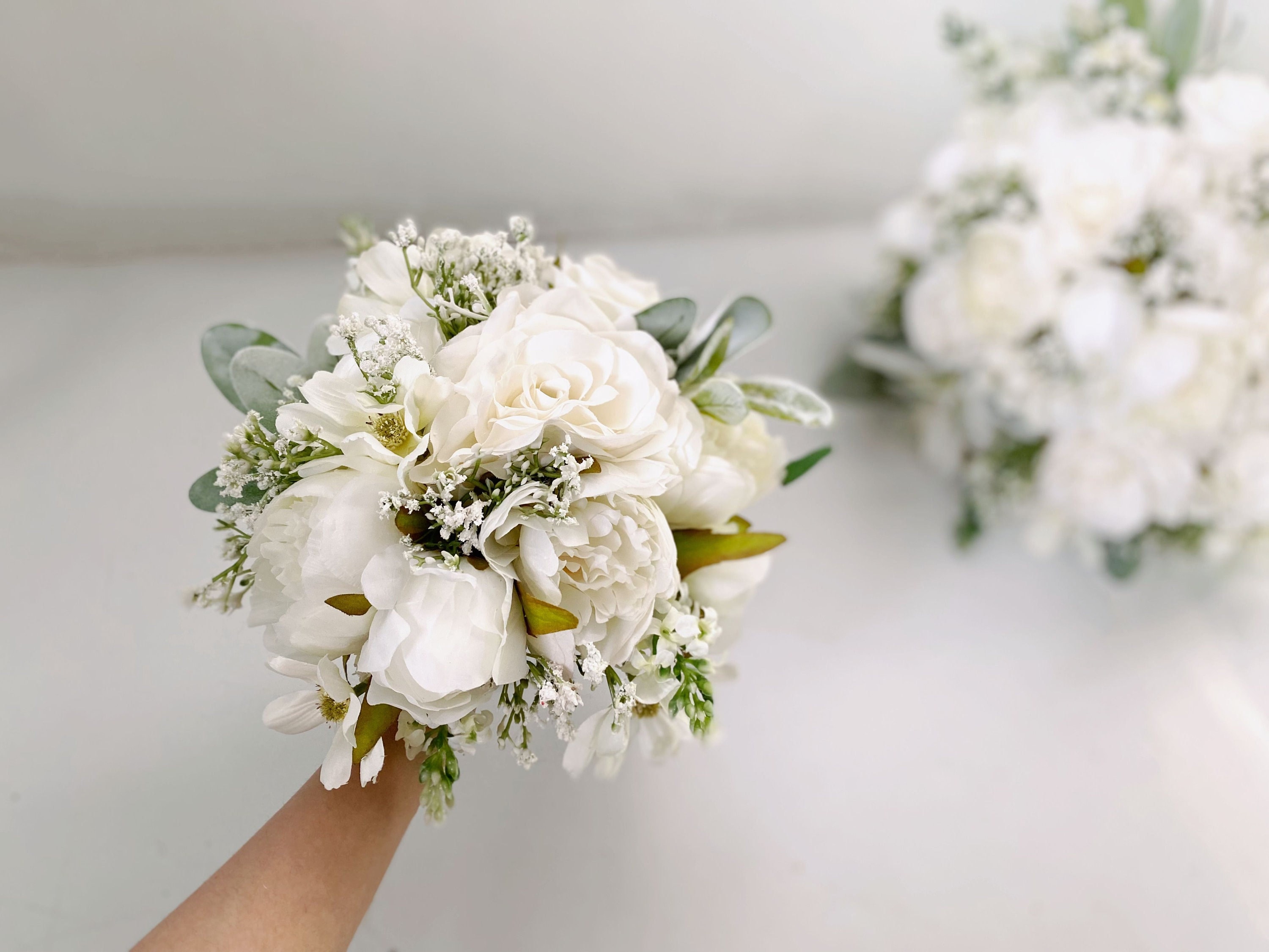 White Rose & Peony Wedding Bouquet W Baby's Breath, White Flower N Lamb's  Ear Bouquet, White Bridal N Bridesmaid Silk Flower Bouquet Wedding 