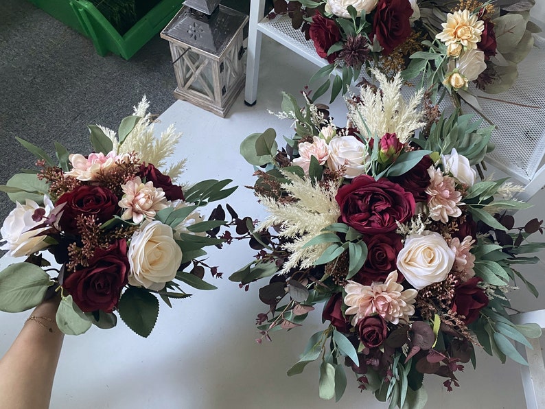 Burgundy & Ivory White Rose and Eucalyptus Wedding Bouquet, Burgundy Wedding Flower, Burgundy Silk Flower Wedding, Bridal Bridesmaid Bouquet image 6