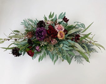 Purple, dark red, burgundy & dusty rose flower swag, Wedding altar flower hangings, Welcome sign flower, Table flower, Wall flower decor
