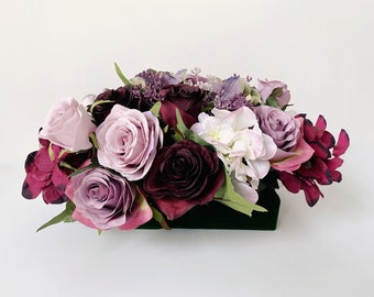 Low Flower Centerpiece with Mauve & Burgundy Roses,Small Rustic Flower Centerpiece for Wedding/Bridal Shower/Party,Rustic Flower Arrangement