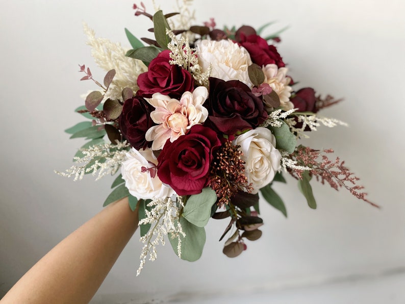 Burgundy & Ivory White Rose and Eucalyptus Wedding Bouquet, Burgundy Wedding Flower, Burgundy Silk Flower Wedding, Bridal Bridesmaid Bouquet 10" bridesmaid's