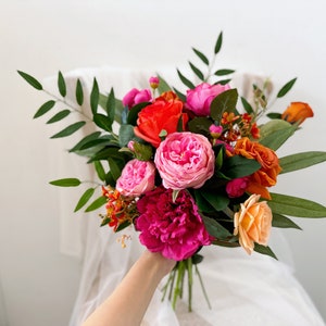 Pink & orange wedding flowers, Pink and fuschia bouquets, Bright color bouquets, Hot pink flowers, Rose peony bouquet, Tropical rose bouquet