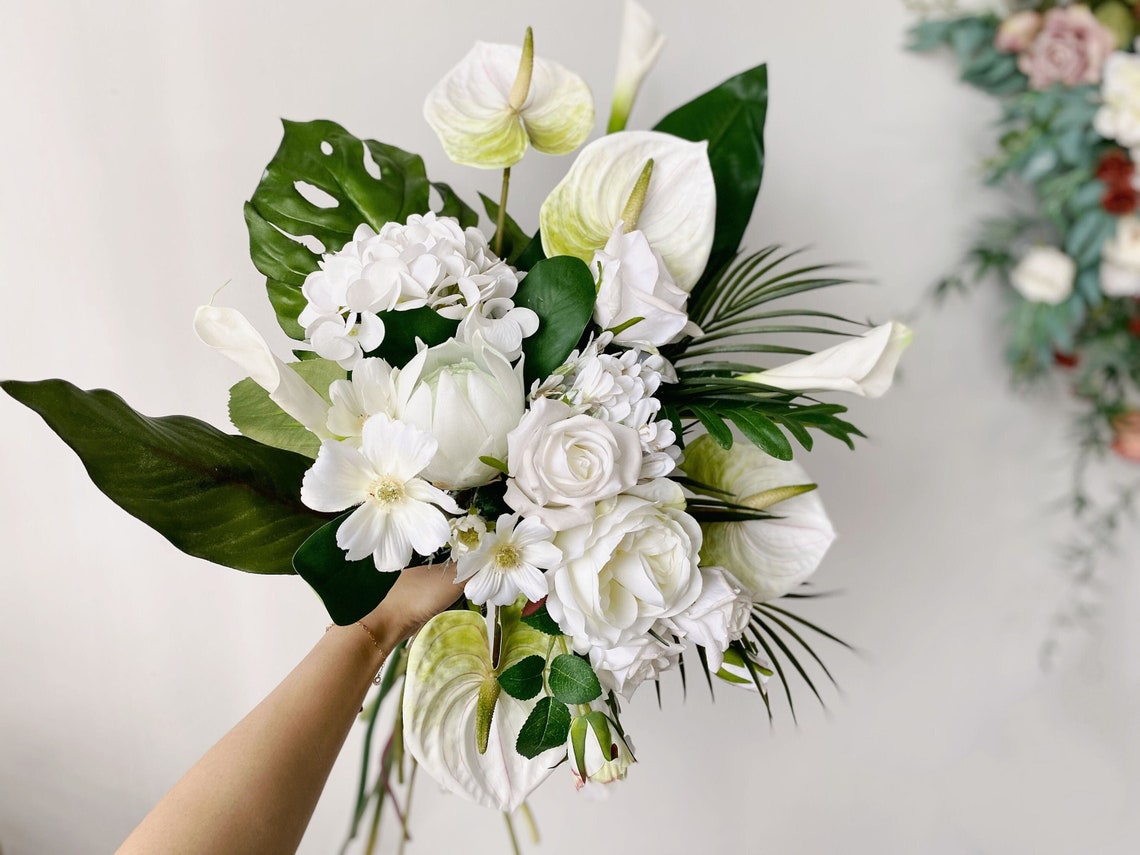 White & Green Tropical Forest Wedding Bouquet Summer Bridal image 1