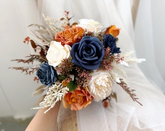 Burnt orange and Navy blue wedding flowers, Burnt orange & navy wedding bridal bridesmaid bouquet, Burnt orange and navy silk flower bouquet