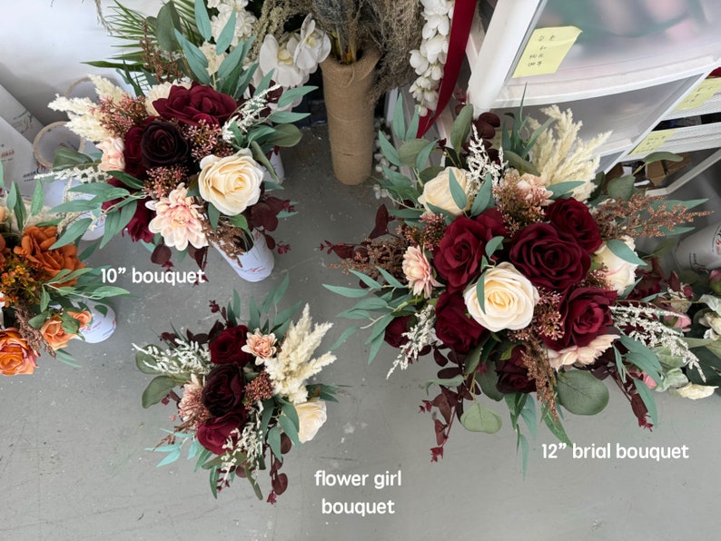 Burgundy & Ivory White Rose and Eucalyptus Wedding Bouquet, Burgundy Wedding Flower, Burgundy Silk Flower Wedding, Bridal Bridesmaid Bouquet 12" bridal bouquet