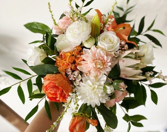 Orange Peach White Green Blush Wedding Bridal and Bridesmaid Flower Bouquet, Tropical Wedding Flower Bouquet, Peach and White Wedding Ideas