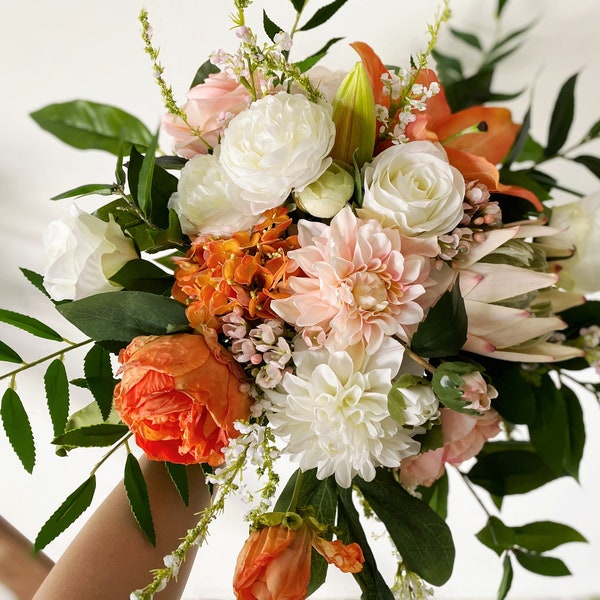 Orange Peach White Green Blush Wedding Bridal and Bridesmaid Flower Bouquet, Tropical Wedding Flower Bouquet, Peach and White Wedding Ideas
