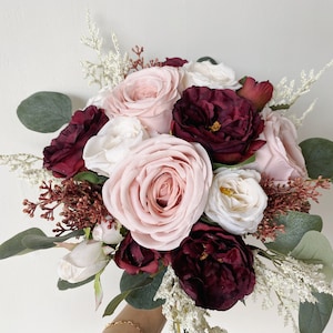 Burgundy,Dusty Blush Pink,White Bouquet, Boho Wedding Bridal/Bridesmaid Bouquet, Burgundy & White Wedding Ideas, Burgundy Themed Wedding
