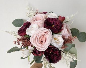 Burgundy,Dusty Blush Pink,White Bouquet, Boho Wedding Bridal/Bridesmaid Bouquet, Burgundy & White Wedding Ideas, Burgundy Themed Wedding