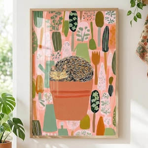 Cat in Pot Art, Cat Lover Wall Art, Cozy Bedroom Poster, Whimsical Garden Print, Dorm Room Wall Decor, Calico Cat Gift | Digital Download