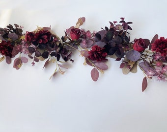 Burgundy Rose & Dahlia Eucalyptus Garland, Burgundy Red Wedding Silk Flower Garland, Burgundy Wedding Ideas, Burgundy Table Runner Flower