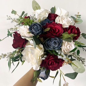 Burgundy, Navy Blue, Iovry White Wedding Bridal Bouquets, Bridesmaids Bouquet, Silk Flower Bouquets, Rose & Eucalyptus Wedding Bouquets