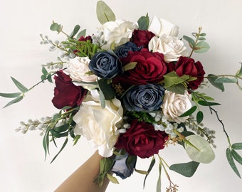 Burgundy, Navy Blue, Iovry White Wedding Bridal Bouquets, Bridesmaids Bouquet, Silk Flower Bouquets, Rose & Eucalyptus Wedding Bouquets