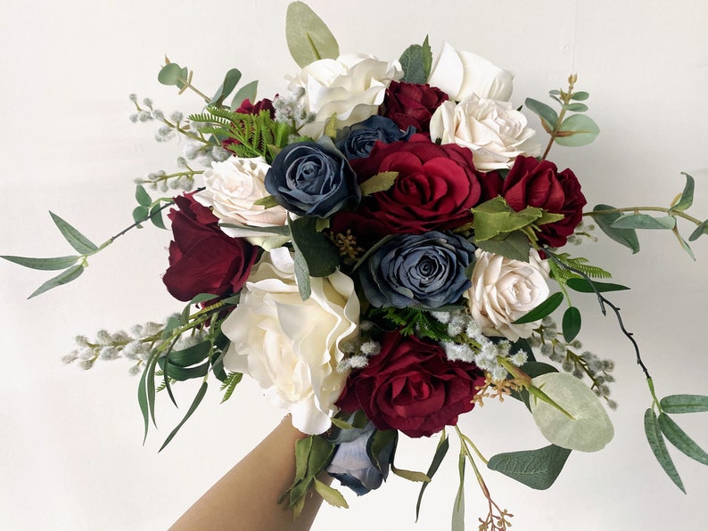 Burgundy Navy Blue Iovry White Wedding Bridal Bouquets image 1