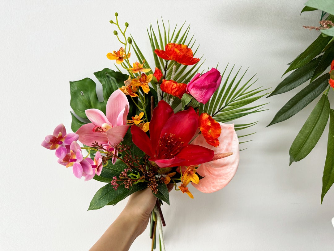 Ramos de boda tropicales con colores rosa, naranja y rojo, ramos de novia y  dama de honor para bodas de verano, ramos de flores de seda para bodas ..., image size:1080x810