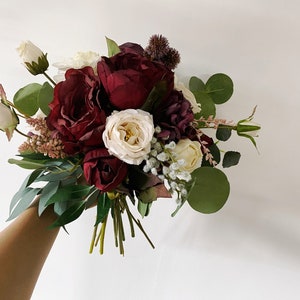 Burgundy & Ivory White Wedding Bouquet, Fall Wedding/Winter Bridal/Bridesmaid Bouquet, Small Silk Flower Bouquet, Boho Wedding Bouquet image 3