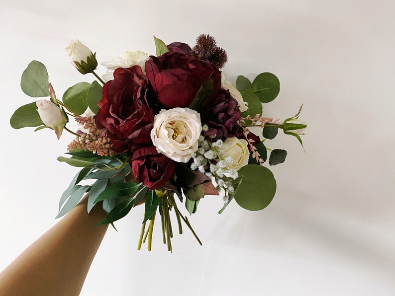 Burgundy & Ivory White Wedding Bouquet, Fall Wedding/Winter Bridal/Bridesmaid Bouquet, Small Silk Flower Bouquet, Boho Wedding Bouquet image 3