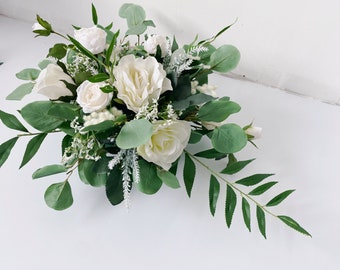 Small White Rose & Eucalyptus Centerpiece, White Silk Flower Centerpiece, White Fake Flower Centerpiece,White and Green Wedding Table Flower