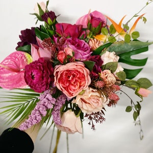 Fuschia & Blush Tropical Wedding Flowers, Tropical Bridal and Bridesmaid Bouquet, Exotic Hot Pink Flower Arrangement, Anthurium Bouquet