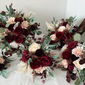 Burgundy & Ivory White Rose and Eucalyptus Wedding Bouquet, Burgundy Wedding Flower, Burgundy Silk Flower Wedding, Bridal Bridesmaid Bouquet