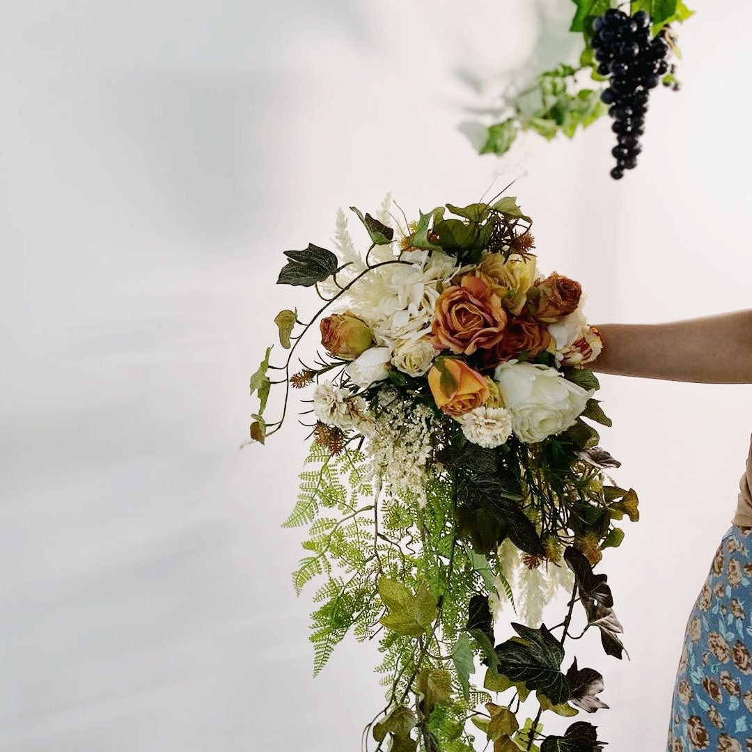 Burnt Orange & Ivory Cacasding Bouquet, Cascading Bridal Bouquet, Cascading Wedding Bouquet, Waterfall Wedding Bouquet, Rose/Peony/Ivy Leaf