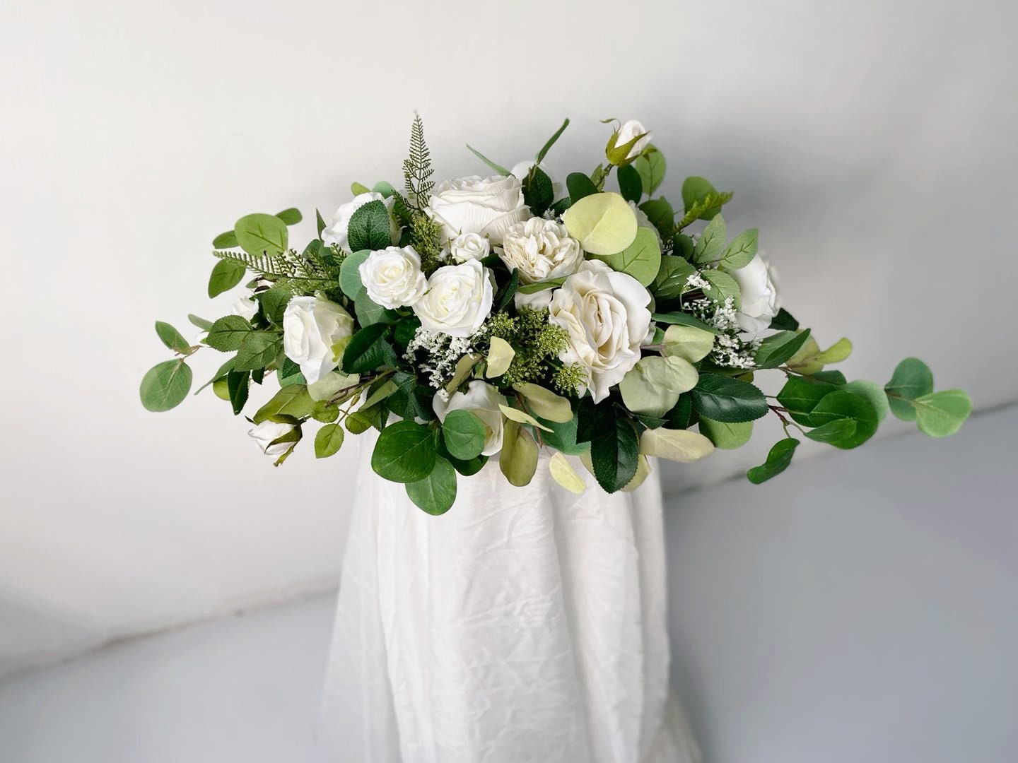 Umigy White Artificial Flowers with Vase Spring Table Centerpiece White  Roses Floral Arrangement Faux Flower Stems Fake Plant Eucalyptus for  Wedding