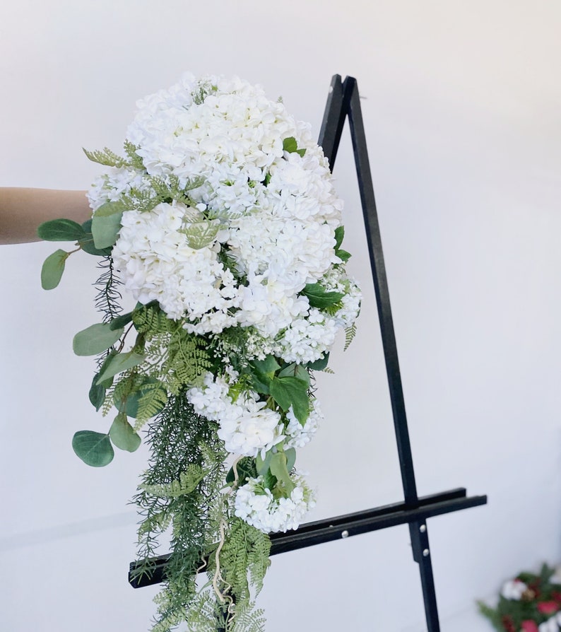 Romantic White hydrangea Wedding Cascading Bouquet, White Draping Bouquet, Wedding Cascade Bouquet, Hydrangea Silk Flower Bridal Bouquet image 3