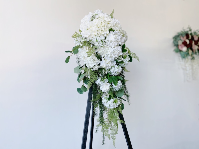 Romantic White hydrangea Wedding Cascading Bouquet, White Draping Bouquet, Wedding Cascade Bouquet, Hydrangea Silk Flower Bridal Bouquet image 9