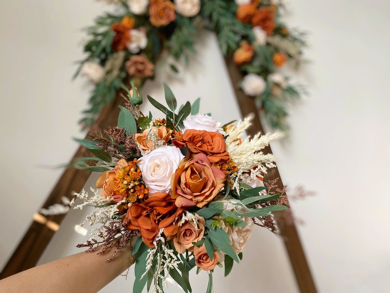 Rust and Sage Green Wedding Bridal n Bridesmaid Bouquet, Burnt Orange & Ivory White Pampas Bouquet, Fall Rustic Silk Flower Wedding Bouquet image 3