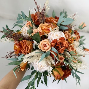 Rust and Sage Green Wedding Bridal n Bridesmaid Bouquet, Burnt Orange & Ivory White Pampas Bouquet, Fall Rustic Silk Flower Wedding Bouquet image 2