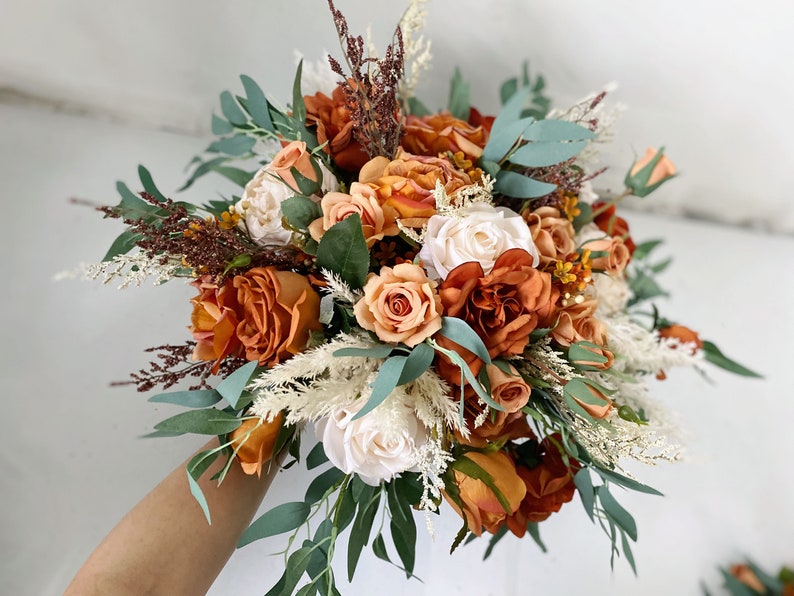 Rust and Sage Green Wedding Bridal n Bridesmaid Bouquet, Burnt Orange & Ivory White Pampas Bouquet, Fall Rustic Silk Flower Wedding Bouquet image 2