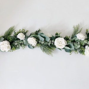White Rose and Eucalyptus Garland, White Flower Garland Wedding, Artificial White Rose Garland, Fireplace/Stair/Mantle Garland, Porch Decor