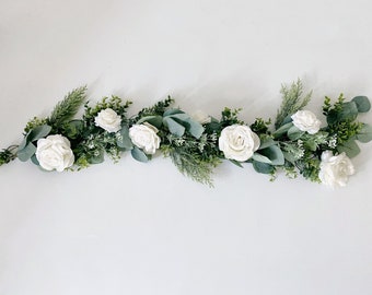 White Rose and Eucalyptus Garland, White Flower Garland Wedding, Artificial White Rose Garland, Fireplace/Stair/Mantle Garland, Porch Decor