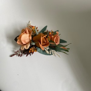 Rust and Sage Green Wedding Bridal n Bridesmaid Bouquet, Burnt Orange & Ivory White Pampas Bouquet, Fall Rustic Silk Flower Wedding Bouquet hair clip