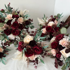 Burgundy & Ivory White Rose and Eucalyptus Wedding Bouquet, Burgundy Wedding Flower, Burgundy Silk Flower Wedding, Bridal Bridesmaid Bouquet image 2