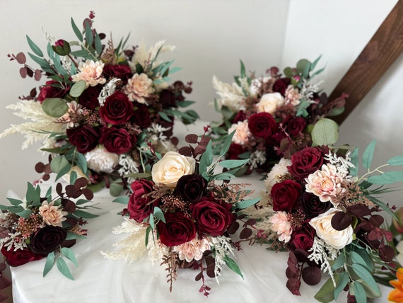 Bouquet De Mariée Artificiel Champagne & Rose Bordeaux - Décoration Mariage, Église, Maison