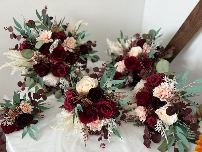 Burgundy & Ivory White Rose and Eucalyptus Wedding Bouquet, Burgundy Wedding Flower, Burgundy Silk Flower Wedding, Bridal Bridesmaid Bouquet image 2