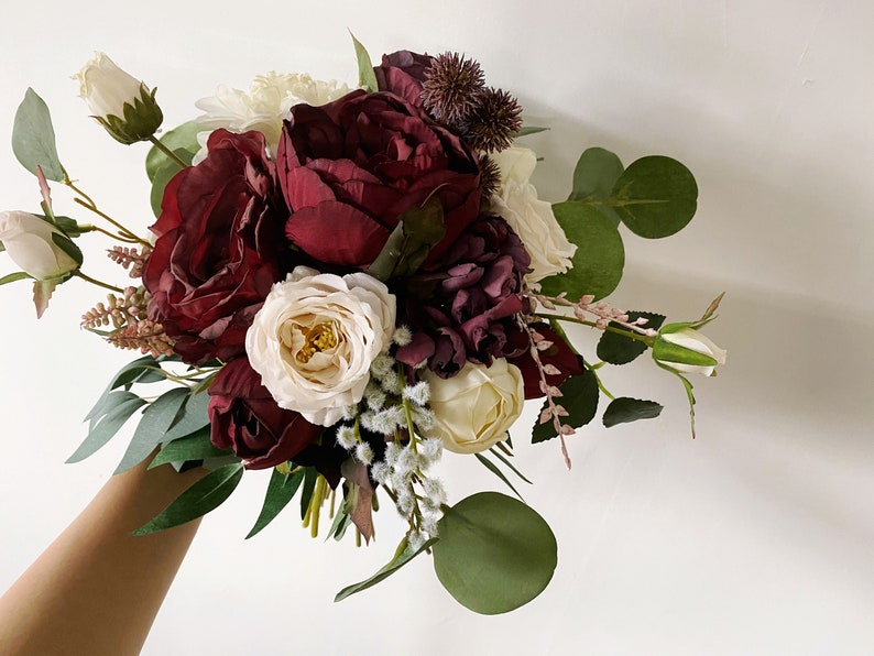 Burgundy & Ivory White Wedding Bouquet, Fall Wedding/Winter Bridal/Bridesmaid Bouquet, Small Silk Flower Bouquet, Boho Wedding Bouquet image 2