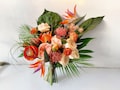 Tropical Peach & Coral Wedding Flowers, Tropical Orange Flower Bouquet, Tropical Bridal Bridesmaid Bouquets, Monstera and Palm Leaf Bouquets