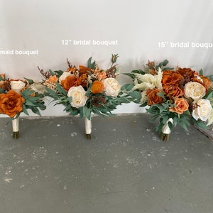 Rust and Sage Green Wedding Bridal n Bridesmaid Bouquet, Burnt Orange & Ivory White Pampas Bouquet, Fall Rustic Silk Flower Wedding Bouquet image 9