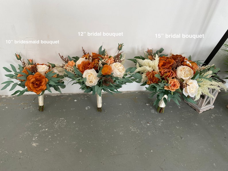 Rust and Sage Green Wedding Bridal n Bridesmaid Bouquet, Burnt Orange & Ivory White Pampas Bouquet, Fall Rustic Silk Flower Wedding Bouquet image 9